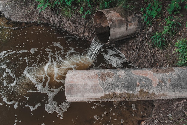 O esgoto flui para o rio Poluição do rio