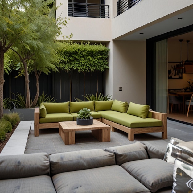 Foto o espaço de pátio ao ar livre contemporâneo é mobiliado com confortáveis sofás seccionais poltronas decoração