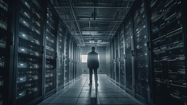 O especialista em TI está parado no data center ao lado dos racks de servidores executando diagnósticos gerados pela IA