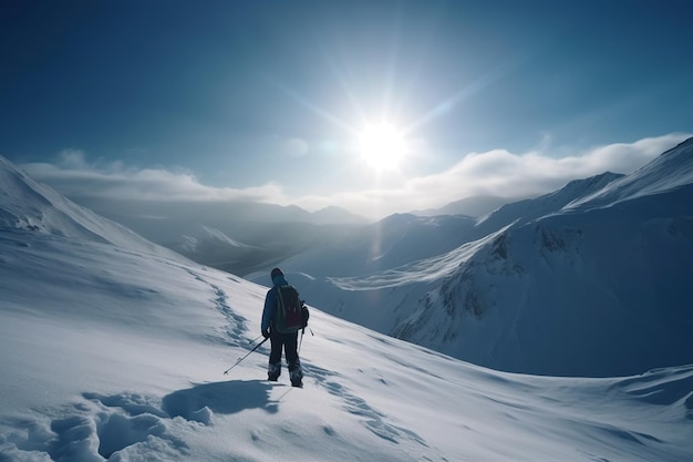 O esquiador alpinista conquistou a montanha no inverno