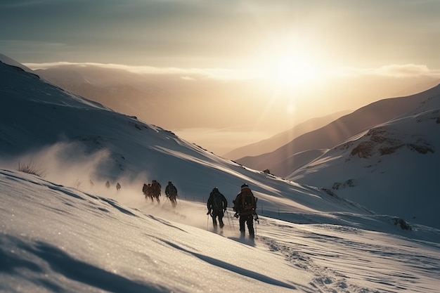 O esquiador alpinista conquistou a montanha no inverno