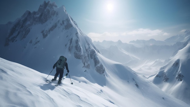 O esquiador no fundo da montanha coberta de neve em raios de sol desce rapidamente Férias ativas de inverno