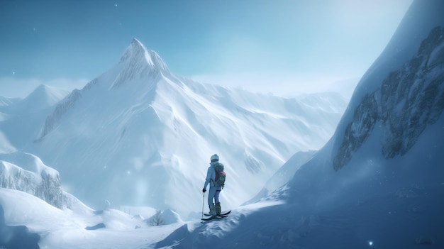 O esquiador no fundo da montanha coberta de neve em raios de sol desce rapidamente Férias ativas de inverno
