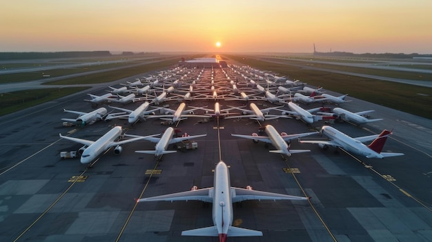 Foto o estacionamento de aviões comerciais no aeroporto foi interrompido devido à pandemia de covid-19 em todo o mundo. a crise econômica está diminuindo. os aviões estão estacionando na área de manutenção.