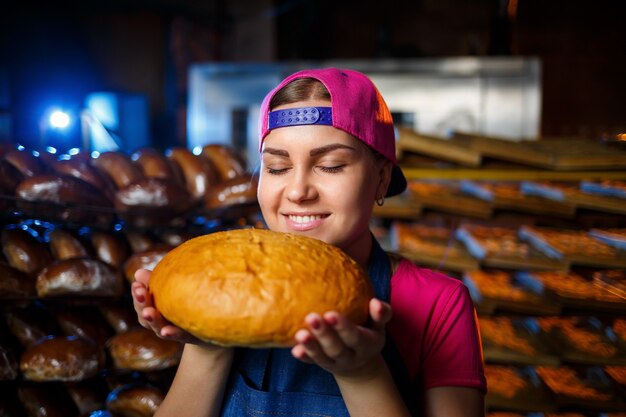 Foto o estágio de cozimento em uma padaria. retrato de uma menina padeiro com pão nas mãos no contexto das prateleiras em uma padaria. mãos de um padeiro com pão. produção de pão industrial