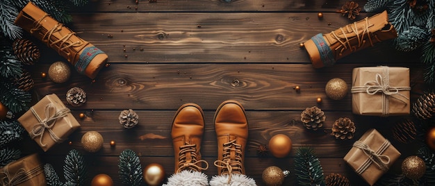 Foto o estilo vintage deste fundo de natal inclui uma moldura de foto um abeto uma caixa de presente botas de papai noel e pergaminhos tudo em um estilo vintage em tábuas de madeira desgastadas