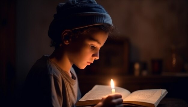 O estudante sorridente lê a Bíblia à luz de velas com alegria gerada pela IA