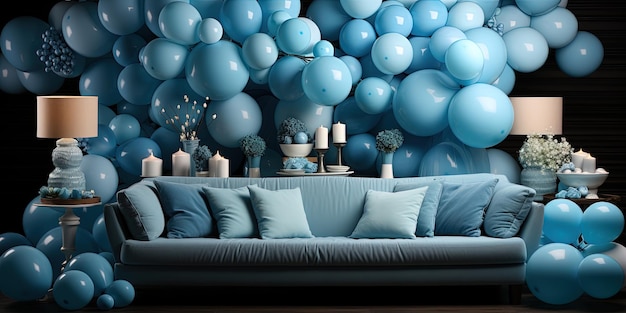 Foto o estúdio está decorado com balões azuis de férias photozone para um aniversário