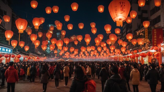 O evento principal do Festival de Lanternas do Céu de Pingxi de 2014 na Praça das Lanternas de Céu de Shifen no décimo quinto dia do Festival de Linternas do Ano Novo Lunar, 14 de fevereiro de 2014 em Taipei.