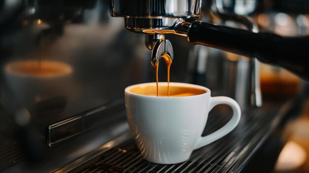 O expresso flui de uma máquina de café para uma xícara branca rica em crema no fundo borrado em um ambiente de café ocupado