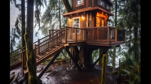 O exterior da casa da árvore na floresta no Canadá Generative AI image AIG30