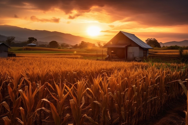 O exuberante campo de milho do jardim agrícola é destacado pelo pôr-do-sol à noite