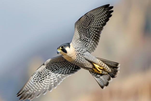 O falcão peregrino em pleno vôo com as asas estendidas enquanto corta o ar sem esforço