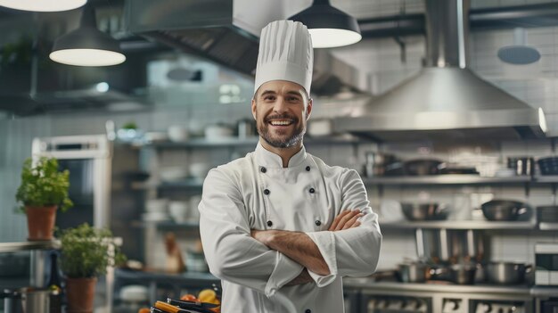 O famoso chef profissional de um grande restaurante cruza os braços e é feliz em uma cozinha moderna na cozinha.