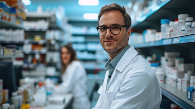 Foto o farmacêutico está sorrindo para a câmera com uma prateleira de farmácia ao fundo e um colega está ligeiramente fora de foco atrás dele