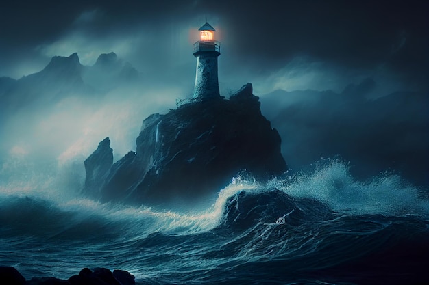 O farol fica em uma rocha ao redor da tempestade e da noite