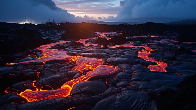 O fascinante fluxo de lava após a erupção vulcânica ilumina a paisagem com riachos de fogo