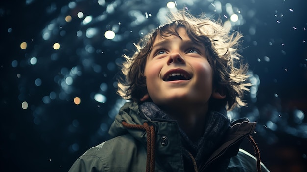O fascínio de uma criança pela vista deslumbrante do céu durante uma noite fria de inverno
