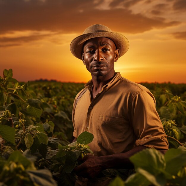 O fazendeiro está de pé no seu campo de soja, satisfeito com o bom progresso das plantas.