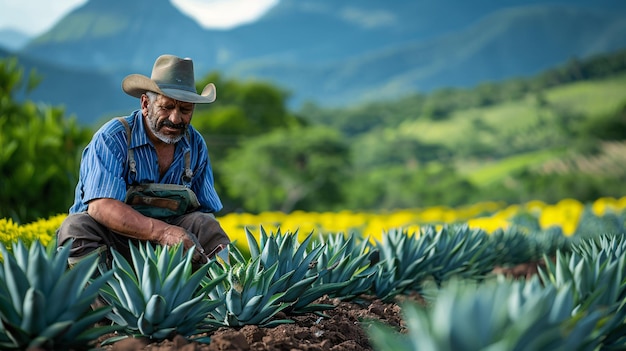 O fazendeiro está limpando a plantação de agave com seu instrumento