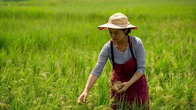 O fazendeiro está no campo de arroz e cuida do arroz dela.