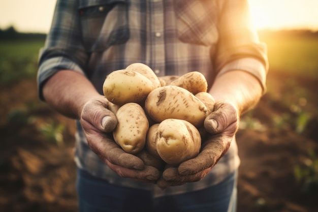 O fazendeiro está segurando batatas nas mãos de perto
