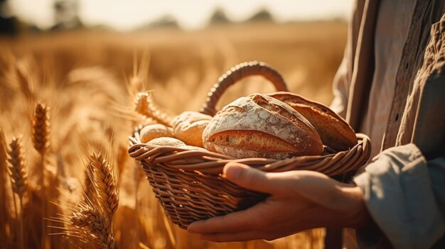 O fazendeiro está segurando uma cesta com pão recém-cozido no fundo de um campo de trigo