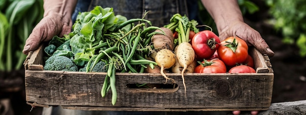o fazendeiro segura uma caixa com legumes recém-colhidos em suas mãos