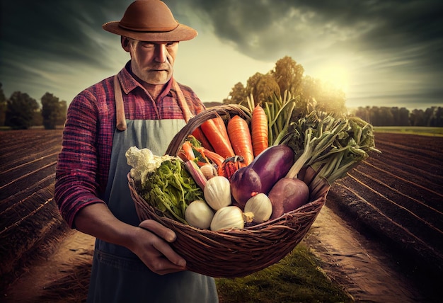 O fazendeiro segura uma cesta de vegetais colhidos no contexto de uma fazenda Gerar Ai