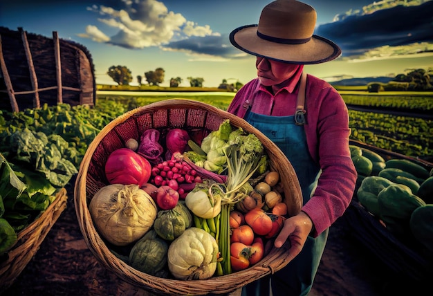 O fazendeiro segura uma cesta de vegetais colhidos no contexto de uma fazenda Gerar Ai