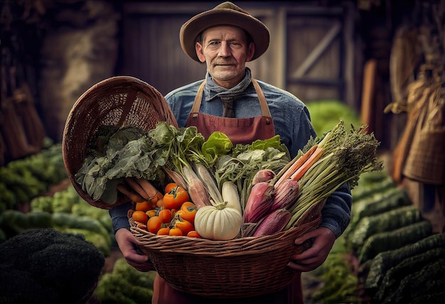 O fazendeiro segura uma cesta de vegetais colhidos no contexto de uma fazenda Harvesting Generate A