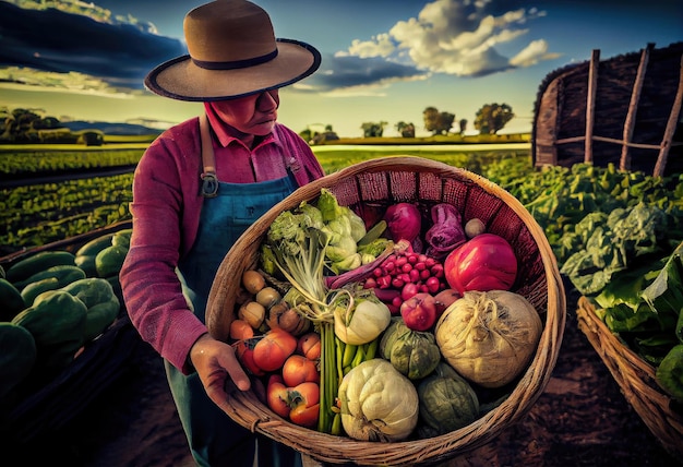 O fazendeiro segura uma cesta de vegetais colhidos no contexto de uma fazenda Harvesting Generate A