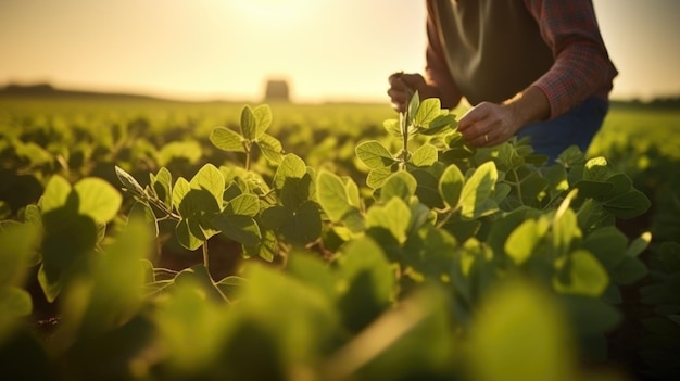 O fazendeiro verifica as folhas das plantas verdes de seus campos