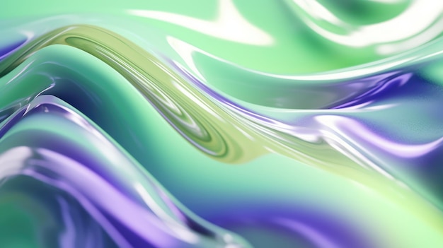 O fechamento de uma superfície líquida brilhante abstrata em verde menta lavanda e verde-oliva com uma ilustração 3D de foco suave de exuberante
