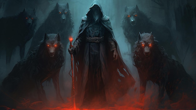 O feiticeiro de pé entre seus lobos demoníacos digital