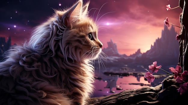 O felino majestoso olha para o planeta alienígena brilhante