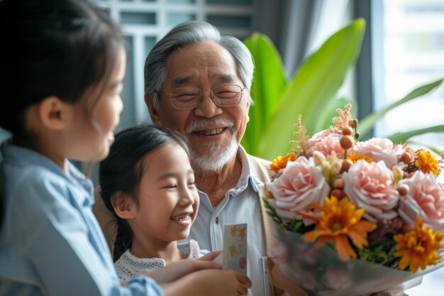 O feliz avô asiático recebe presentes de aniversário de sua família amorosa As crianças, juntamente com a avó, dão ao avô um cartão e um buquê de belas flores