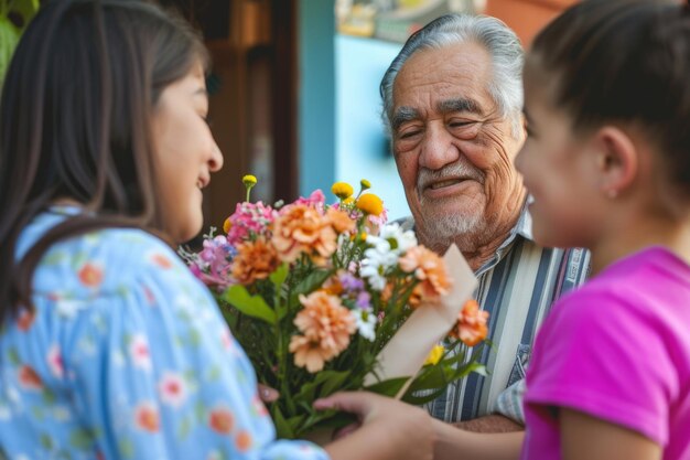 O feliz avô hispânico recebe presentes de aniversário de sua amorosa família. As crianças, juntamente com a avó, dão ao avô um cartão e um buquê de belas flores