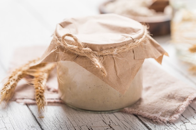 O fermento para pão está ativo. Fermento para iniciantes (mistura fermentada de água e farinha para usar como fermento para assar pão). O conceito de uma dieta saudável