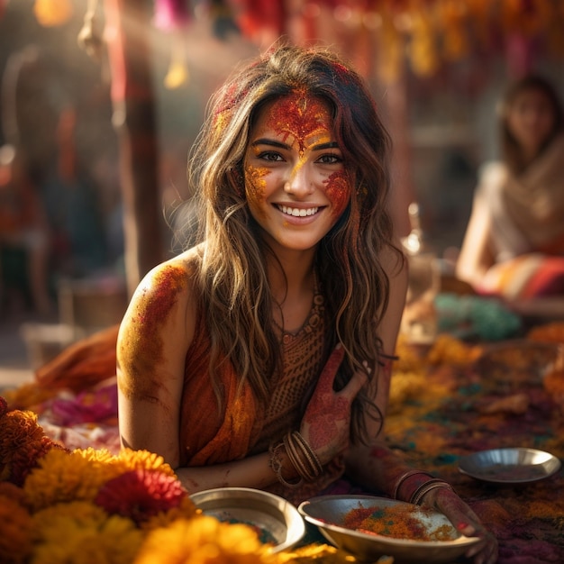 O festival Holi celebrou uma menina com pó facial colorido. O fundo HOLI foi gerado pela IA.