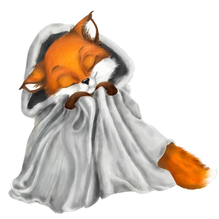 Foto o filhote de raposa vermelha está dormindo e sorrindo a raposa de desenho animado está envolta em um cobertor quente cinza ilustração a aquarela um animal bonito para um cartão de páscoa roupas infantis em fundo branco