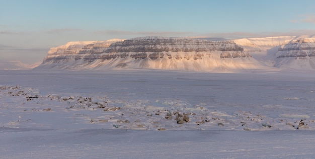 O fiorde coberto de gelo Tempelfjorden em Svalbard, Noruega.