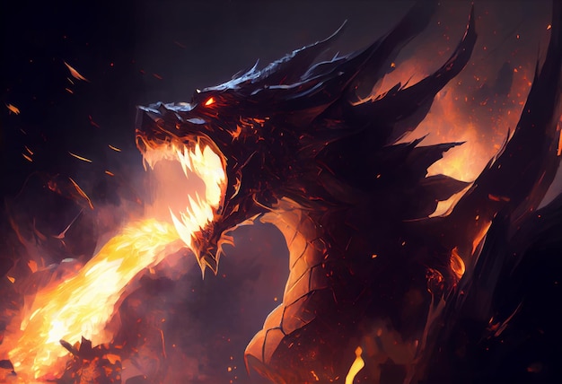 O fogo respira explodir de um dragão gigante em uma noite negra, o épico conceito do mal da batalha Gerar Ai