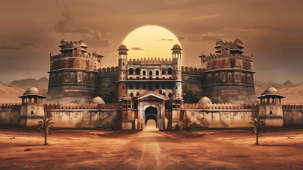 O forte de Chittorgarh, na Índia, o maior forte da Índia, parece uma cidade perdida no tempo, estilo de arte digital.