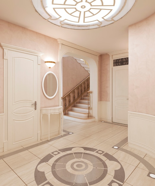 O foyer é em estilo clássico, com piso de mármore e quadrados de madeira bege nas paredes. luz de teto embutida. renderização 3d.