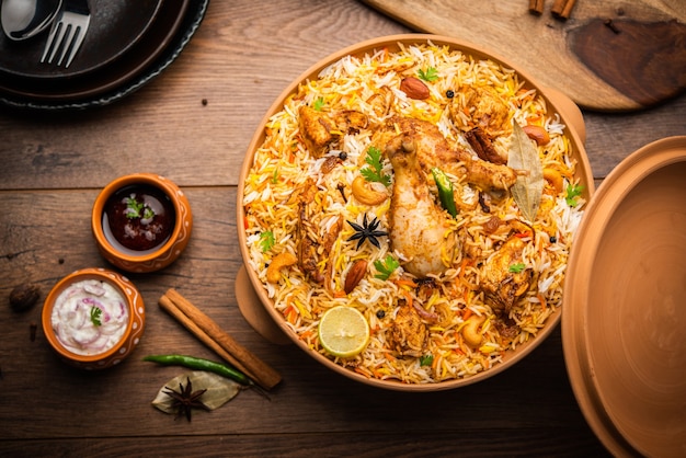 O frango Biryani Dum Handi é preparado em uma panela de barro ou barro chamada Haandi. Comida indiana não vegetariana popular