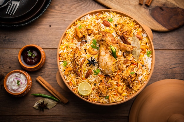 O frango biryani dum handi é preparado em uma panela de barro ou barro chamada haandi. comida indiana não vegetariana popular