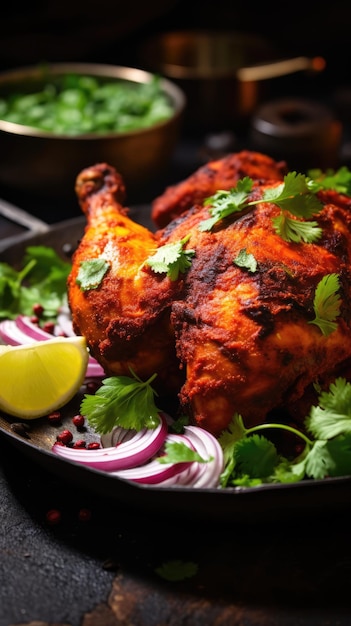 O frango tandoori é um prato do sul da Ásia de frango marinado em iogurte e especiarias