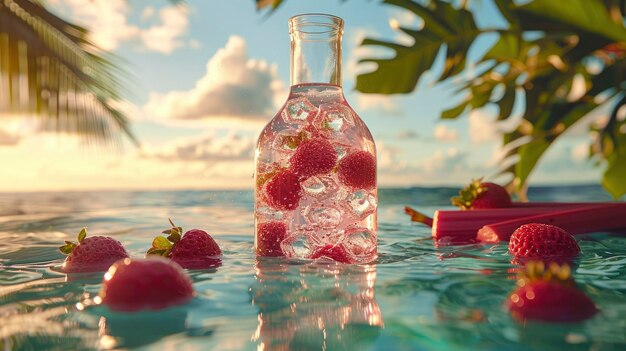 O frasco de Erlenmeyer pairando acima da água cristalina ao lado de folhas de palmeira