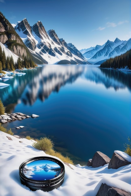 O frio lago azul congelado da natureza adornado com montanhas cobertas de neve